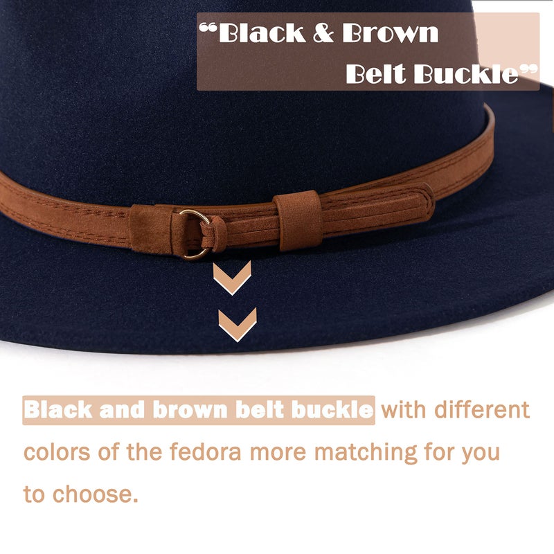 Lisianthus Men & Women Vintage Wide Brim Fedora Hat with Belt Buckle A-Navy Blue 59-60cm - Image 3